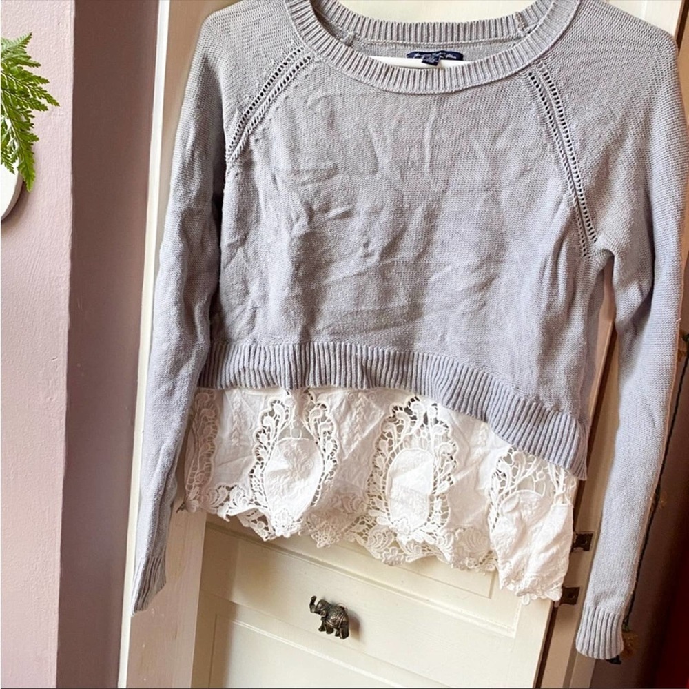 American Eagle Outfitters Unique Gray Sweater with Lace Bottom Piece